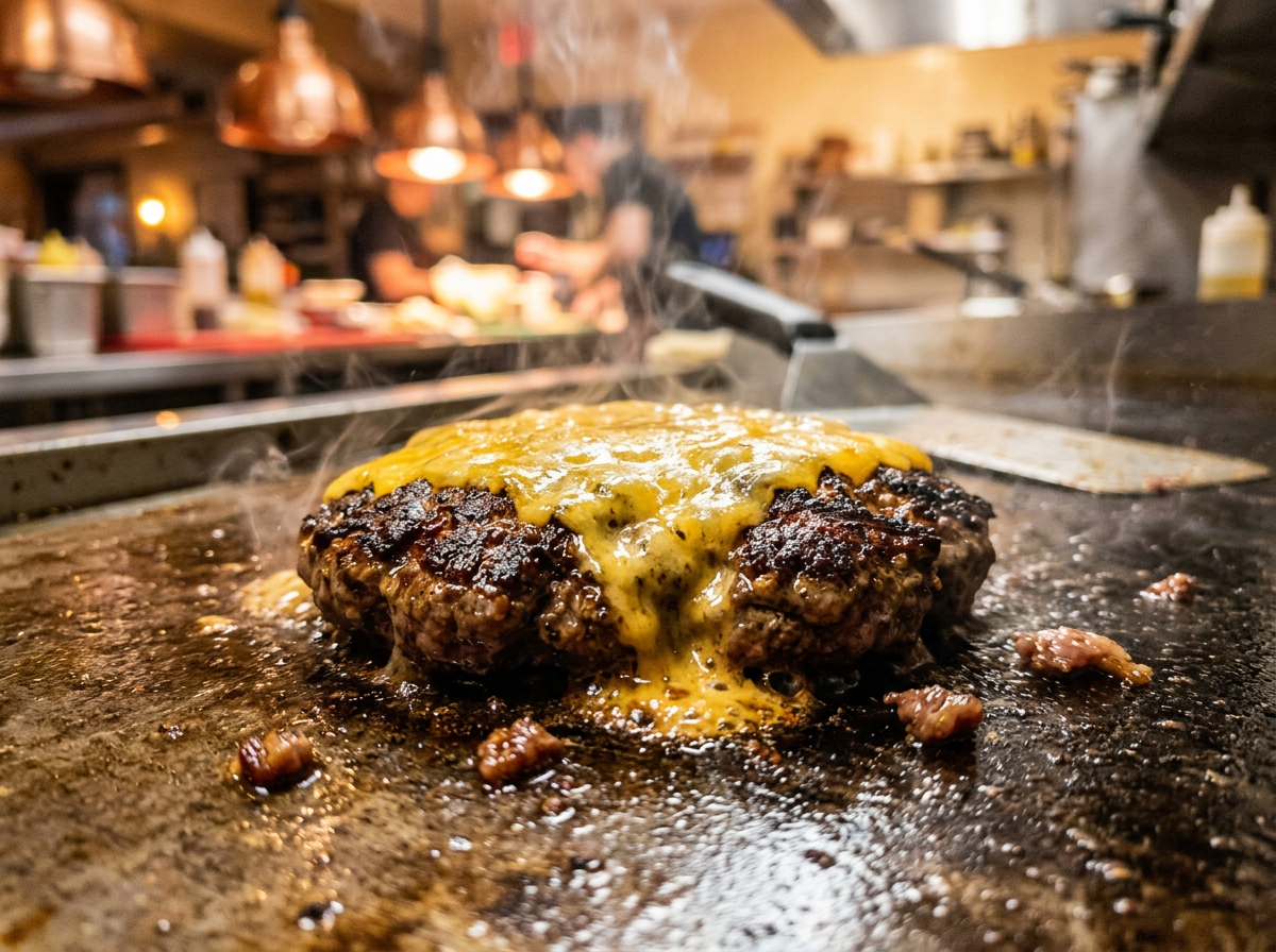 Fresh beef burger patty grilling with melted cheese at Orbit Burger Co.
