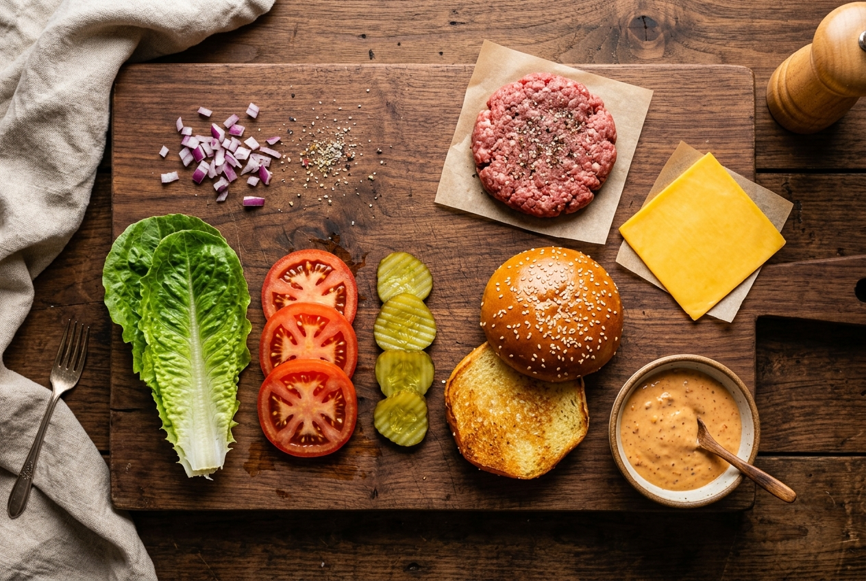 Fresh ingredients for Orbit Burger Co. signature burger laid out on a wooden table